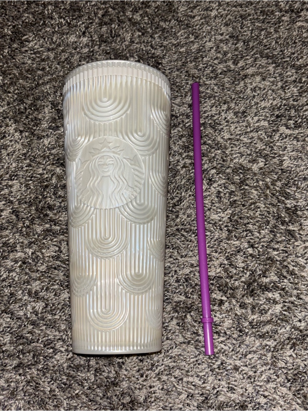 Starbucks Pearl White Embossed Logo Tumbler with Purple Straw